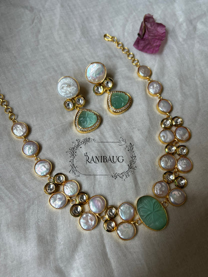 Mukta Baroque Pearls Agate And Polki Studded Semi Precious Necklace In Rich Gold Finish By Ranibaug | Semi Precious Jewellery Collection 2026