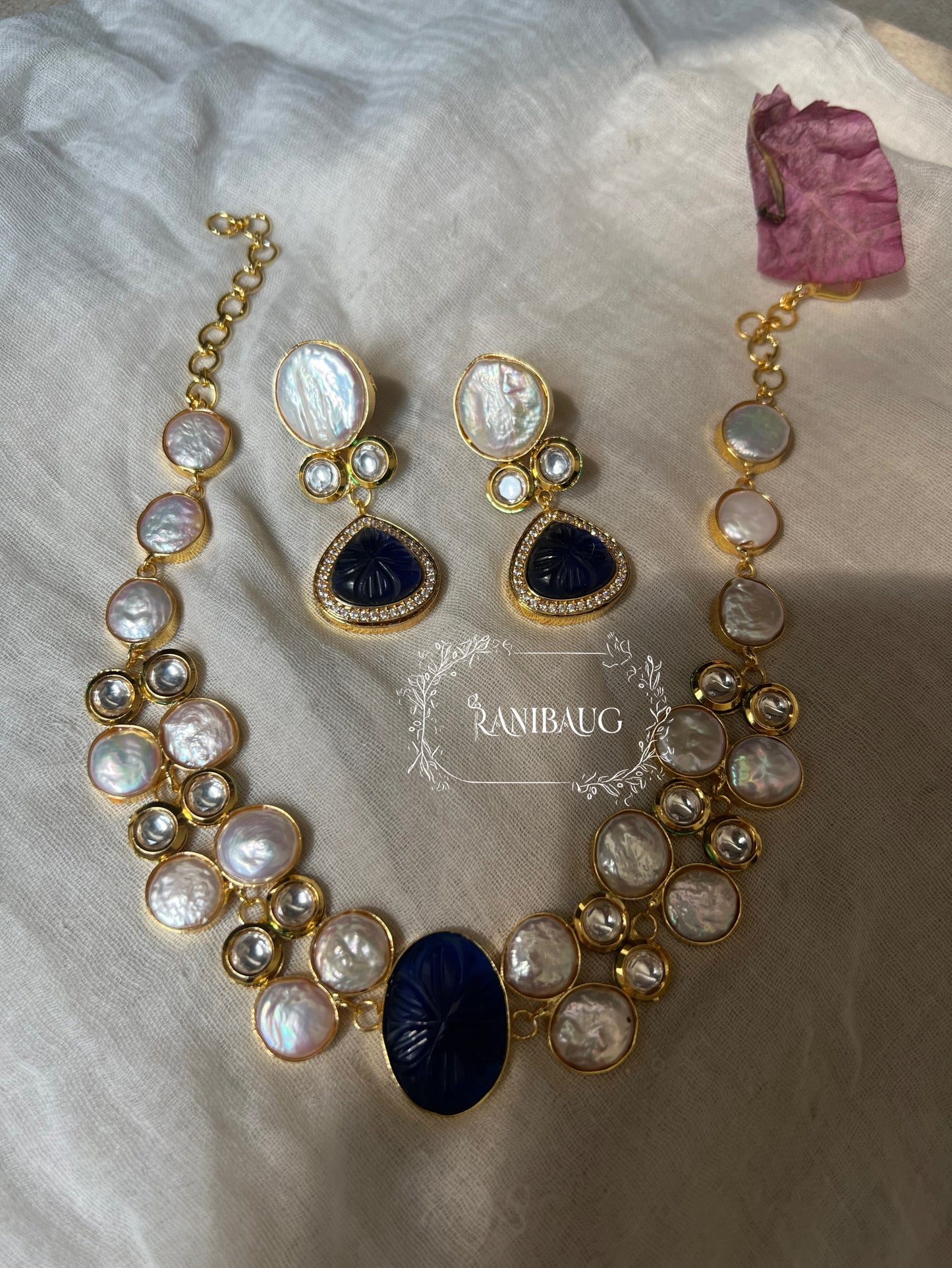 Mukta Baroque Pearls Agate And Polki Studded Semi Precious Necklace In Rich Gold Finish By Ranibaug | Semi Precious Jewellery Collection 2026