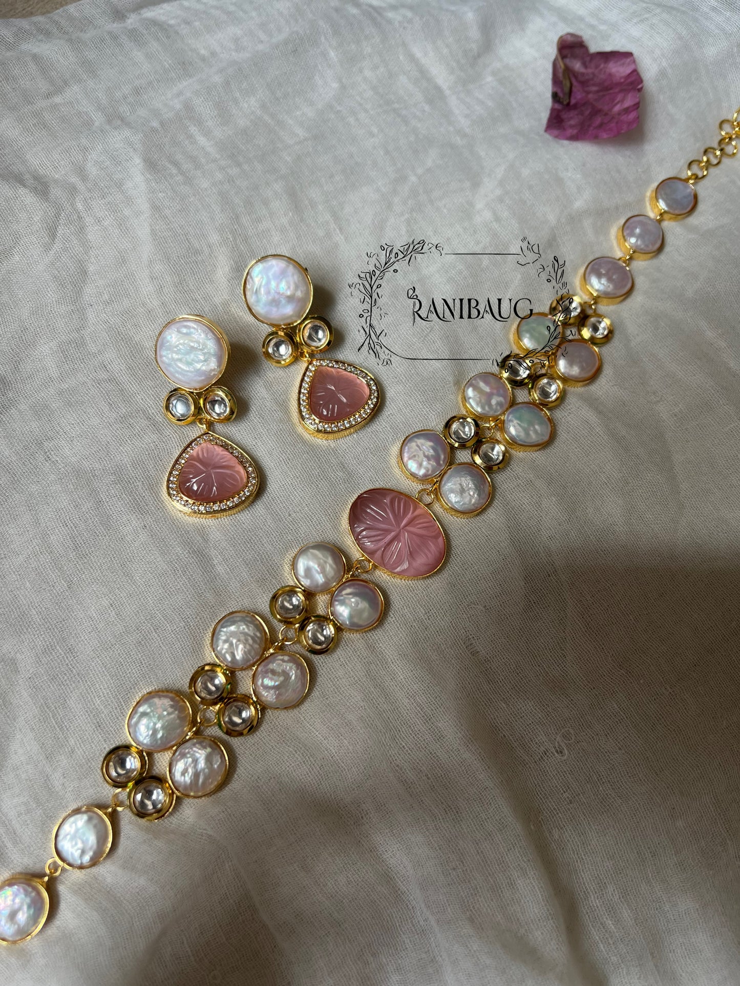 Mukta Baroque Pearls Agate And Polki Studded Semi Precious Necklace In Rich Gold Finish By Ranibaug | Semi Precious Jewellery Collection 2026