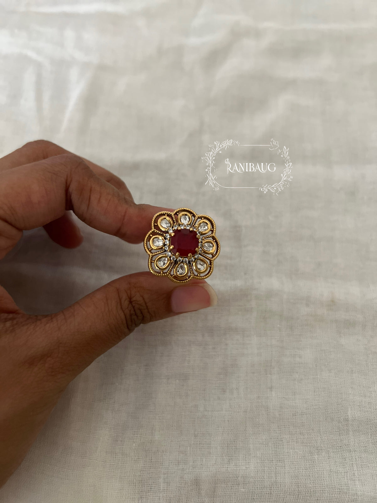 Mukta Polki Kundan Gold Finish Simple Festive Ring Jewelry By Ranibaug