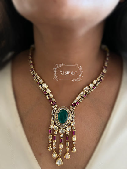 Mukti Polki Gold Finish Fall Motif Ruby Emerald Necklace Set By Ranibaug