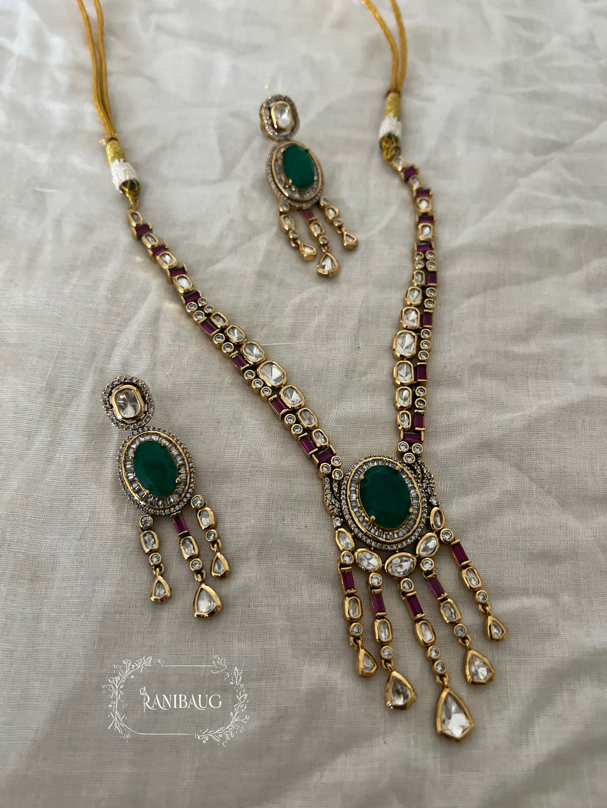 Mukti Polki Gold Finish Fall Motif Ruby Emerald Necklace Set By Ranibaug