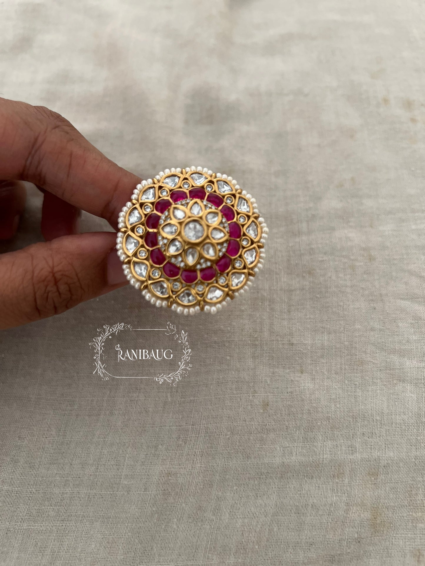 Mukti Royal Oversized Floral Designer Polki Studded Finger Ring For Festive Occassions By Ranibaug