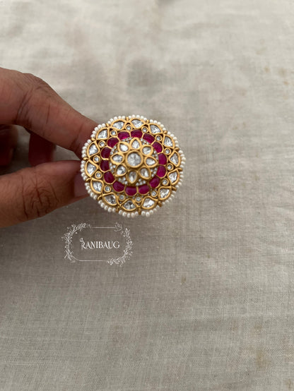 Mukti Royal Oversized Floral Designer Polki Studded Finger Ring For Festive Occassions By Ranibaug
