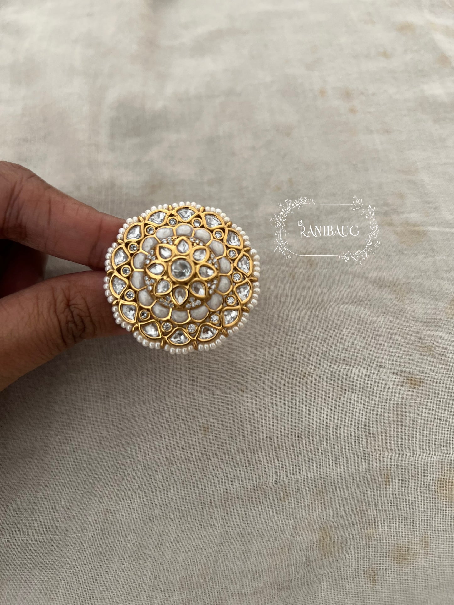 Mukti Royal Oversized Floral Designer Polki Studded Finger Ring For Festive Occassions By Ranibaug