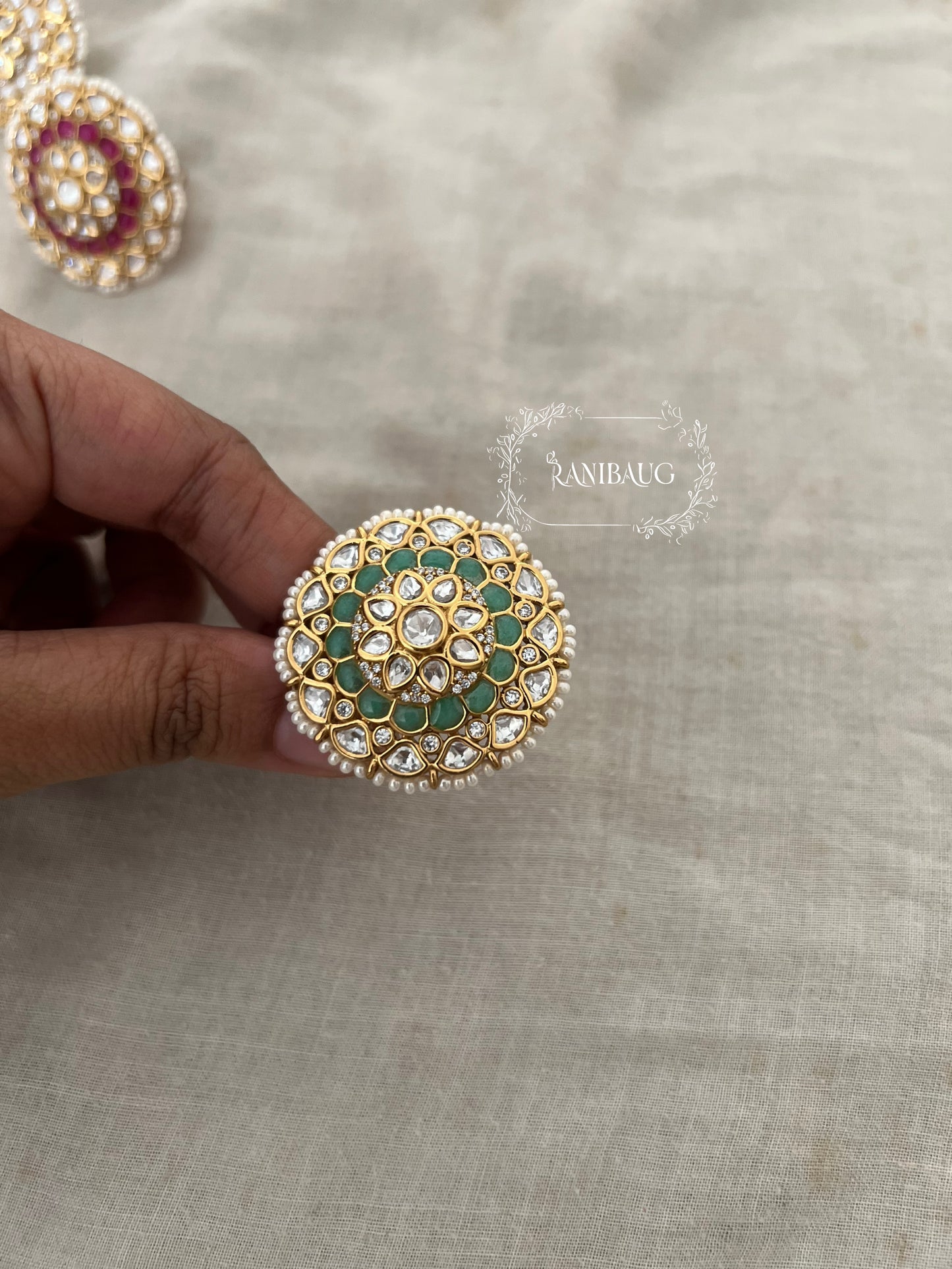 Mukti Royal Oversized Floral Designer Polki Studded Finger Ring For Festive Occassions By Ranibaug