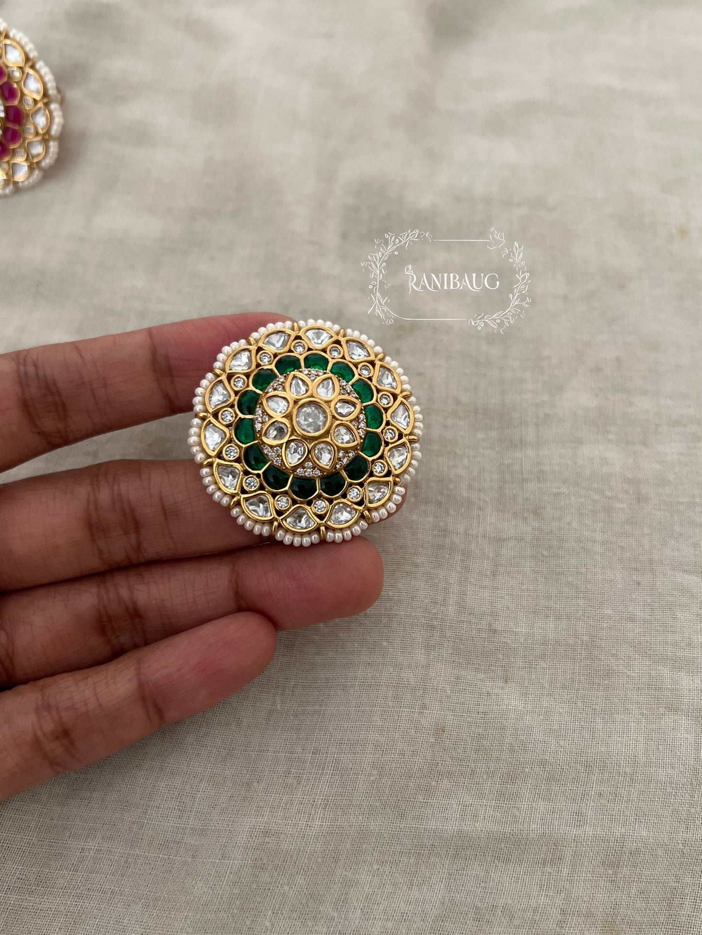 Mukti Royal Oversized Floral Designer Polki Studded Finger Ring For Festive Occassions By Ranibaug
