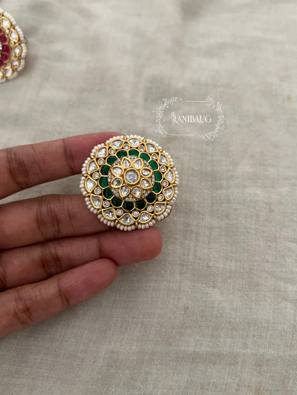 Mukti Royal Oversized Floral Designer Polki Studded Finger Ring For Festive Occassions By Ranibaug