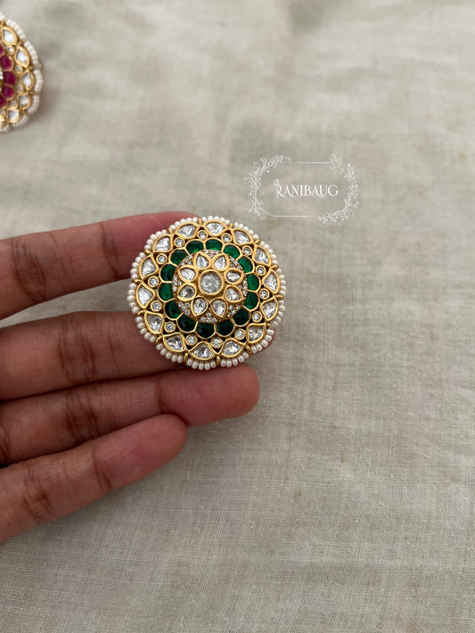Mukti Royal Oversized Floral Designer Polki Studded Finger Ring For Festive Occassions By Ranibaug