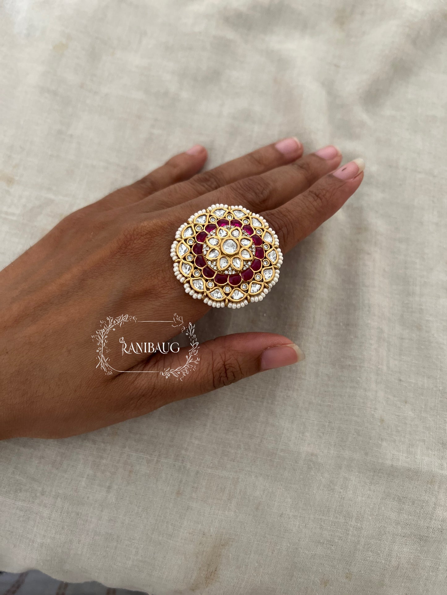 Mukti Royal Oversized Floral Designer Polki Studded Finger Ring For Festive Occassions By Ranibaug