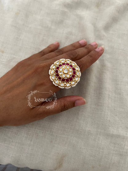 Mukti Royal Oversized Floral Designer Polki Studded Finger Ring For Festive Occassions By Ranibaug