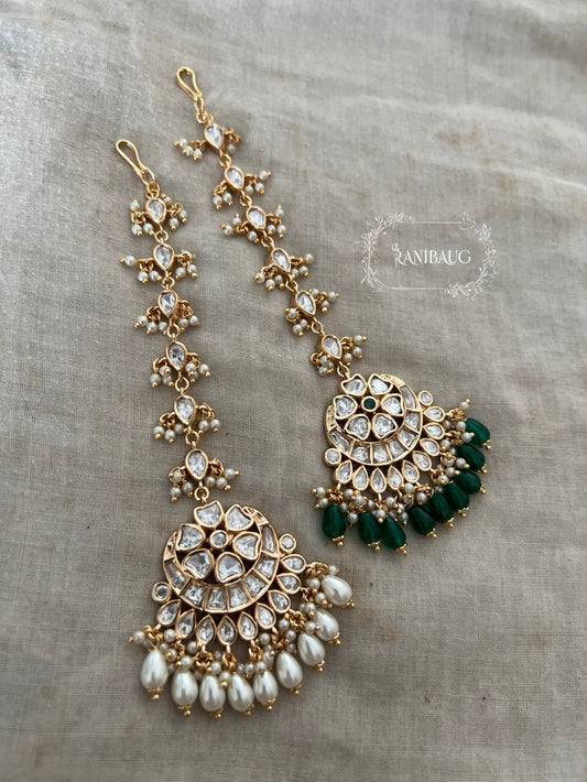 Munira Rich Gold Finish Polki Kundan Studded Tiny Pearl Bead Fringe Maang Tikka By Ranibaug