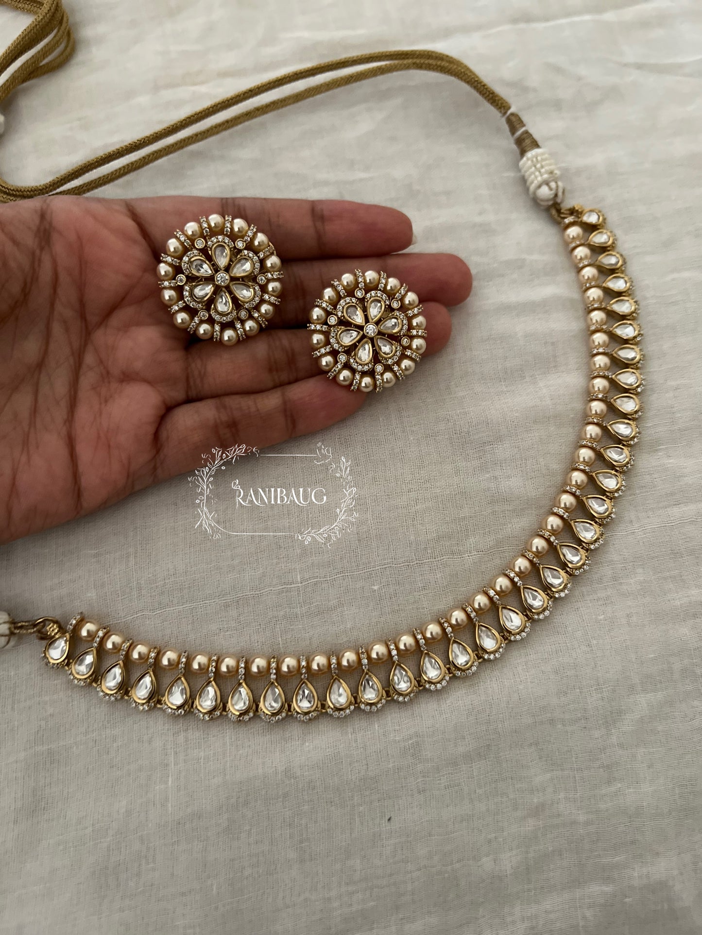 Myesha Simple Pearl Polki Kundan Necklace Set By Ranibaug