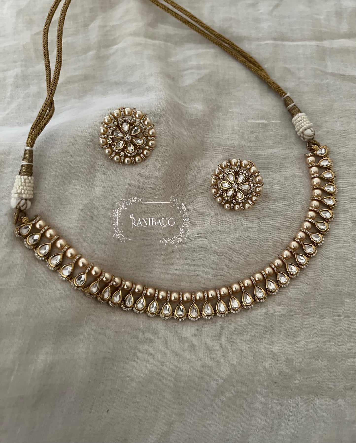 Myesha Simple Pearl Polki Kundan Necklace Set By Ranibaug