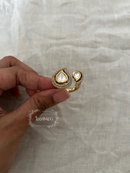Myra Teardrop Polki Kundan Gold Finish Zirconnia Classic Designer Ring Jewelry By Ranibaug