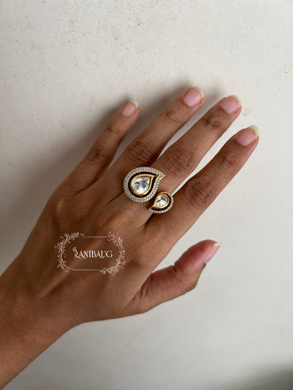 Myra Teardrop Polki Kundan Gold Finish Zirconnia Classic Designer Ring Jewelry By Ranibaug