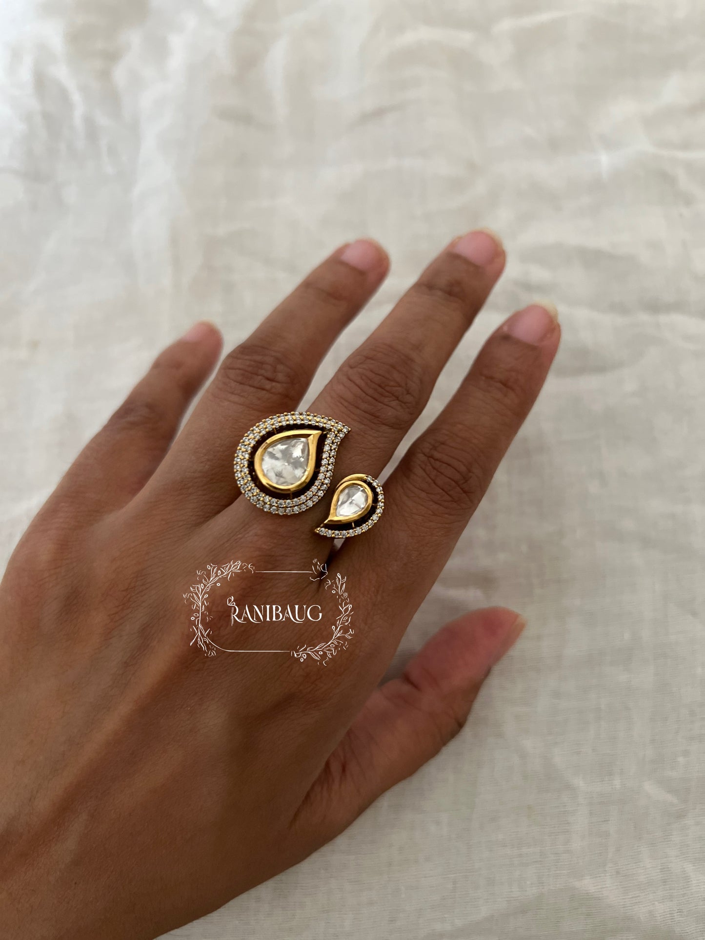 Myra Teardrop Polki Kundan Gold Finish Zirconnia Classic Designer Ring Jewelry By Ranibaug
