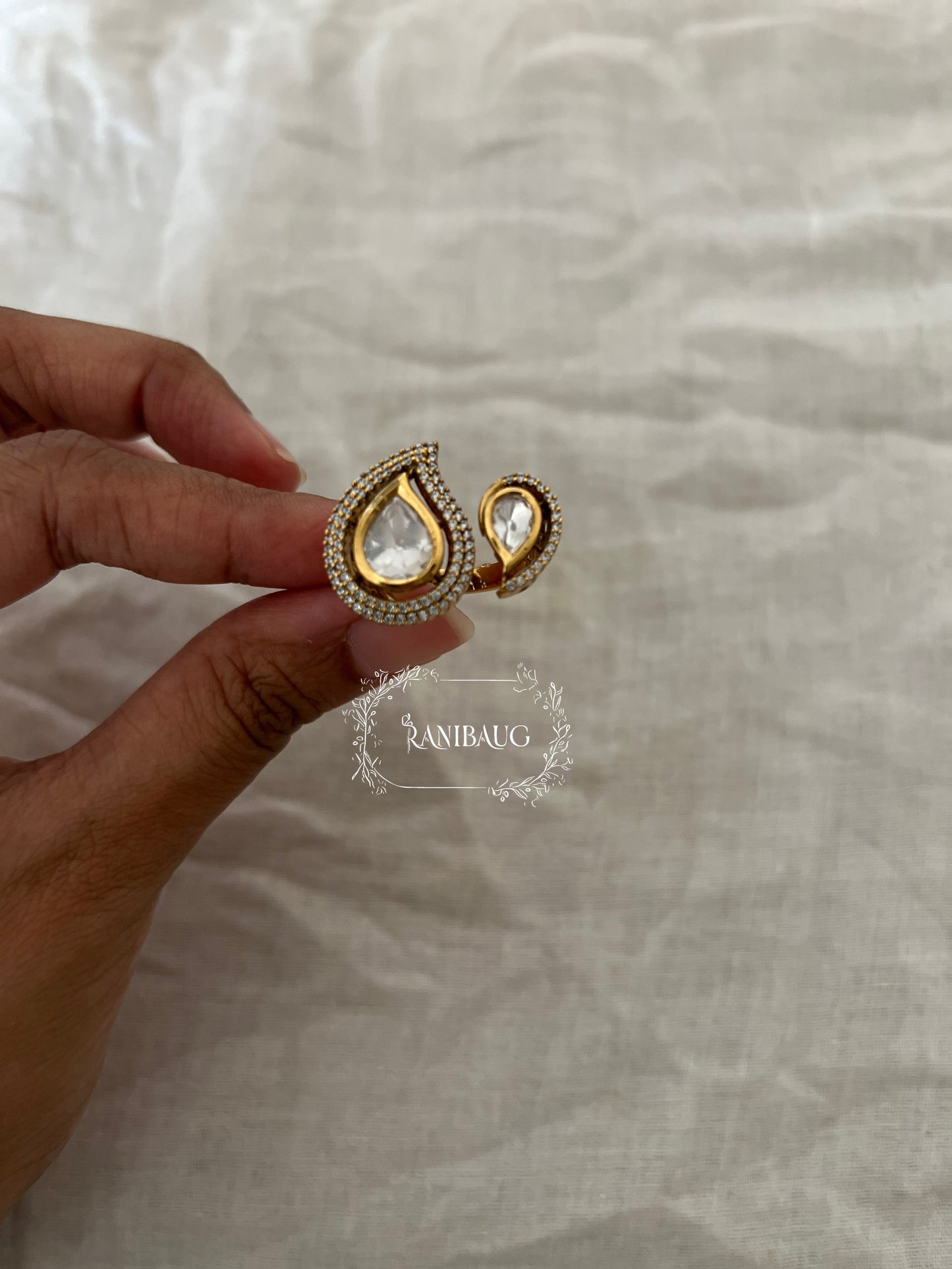 Myra Teardrop Polki Kundan Gold Finish Zirconnia Classic Designer Ring Jewelry By Ranibaug