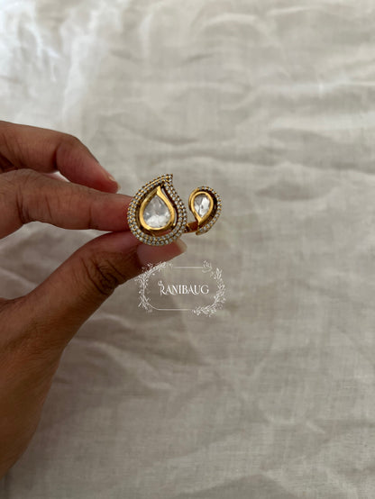 Myra Teardrop Polki Kundan Gold Finish Zirconnia Classic Designer Ring Jewelry By Ranibaug