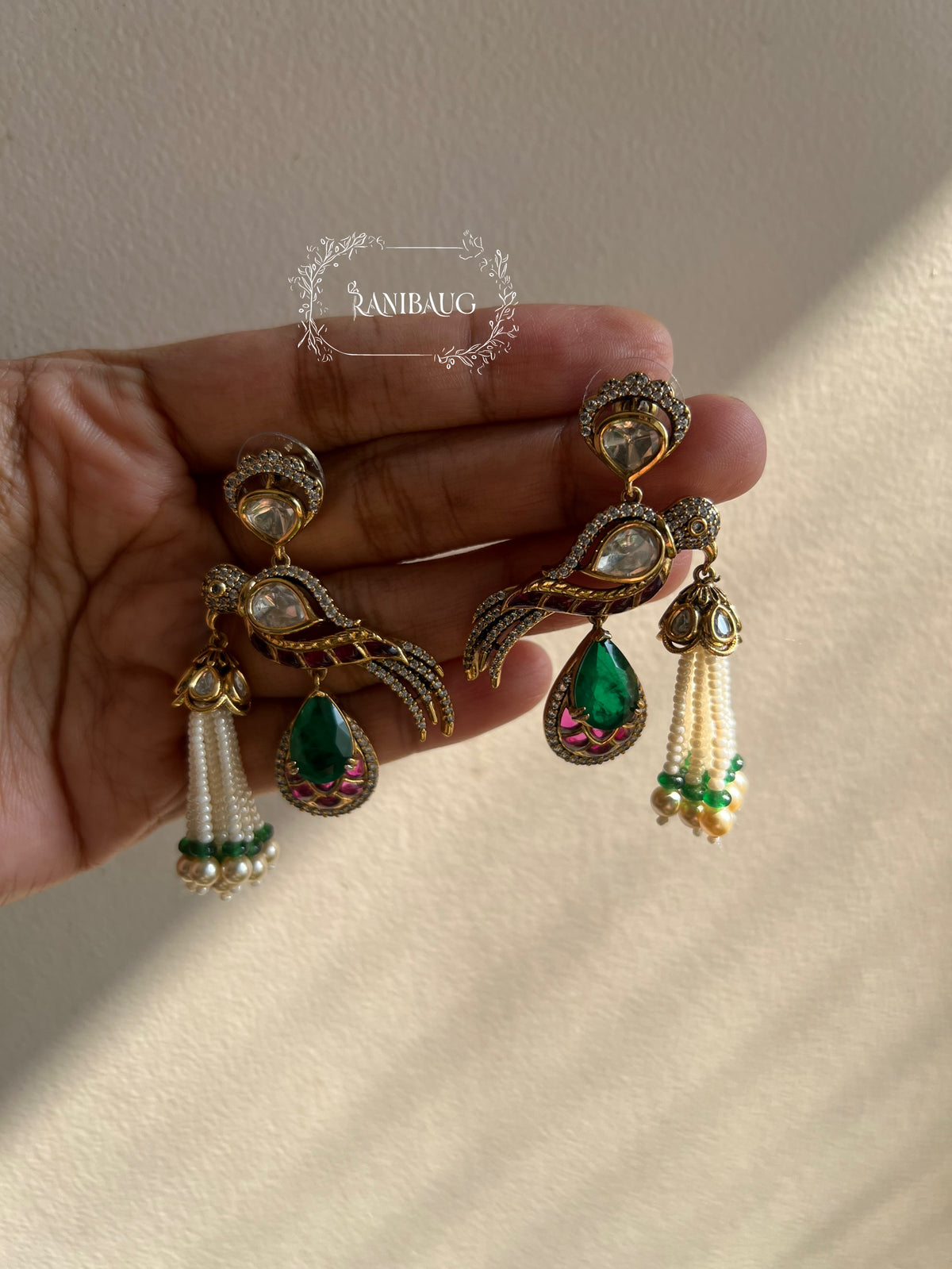 Naina Bird Motif Polki Studded Pearl Tassel Festive Trendy Earrings By Ranibaug