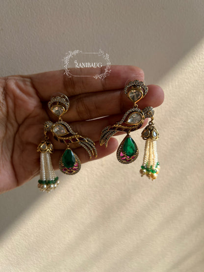 Naina Bird Motif Polki Studded Pearl Tassel Festive Trendy Earrings By Ranibaug