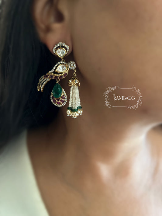 Naina Bird Motif Polki Studded Pearl Tassel Festive Trendy Earrings By Ranibaug
