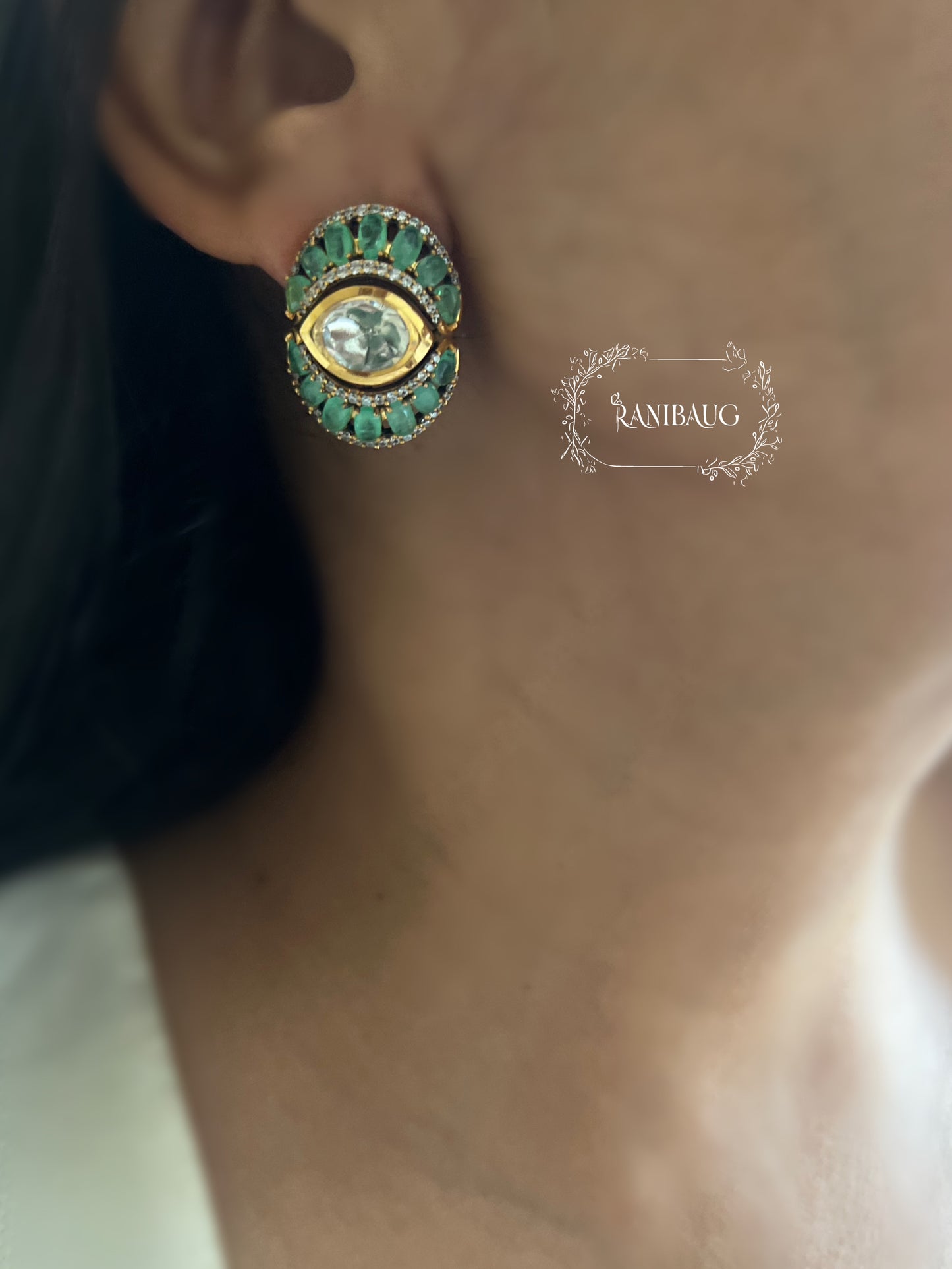 Naina Green Evil Eye Kundan Polki Stud Earrings | Gold Plated Statement Studs By Ranibaug