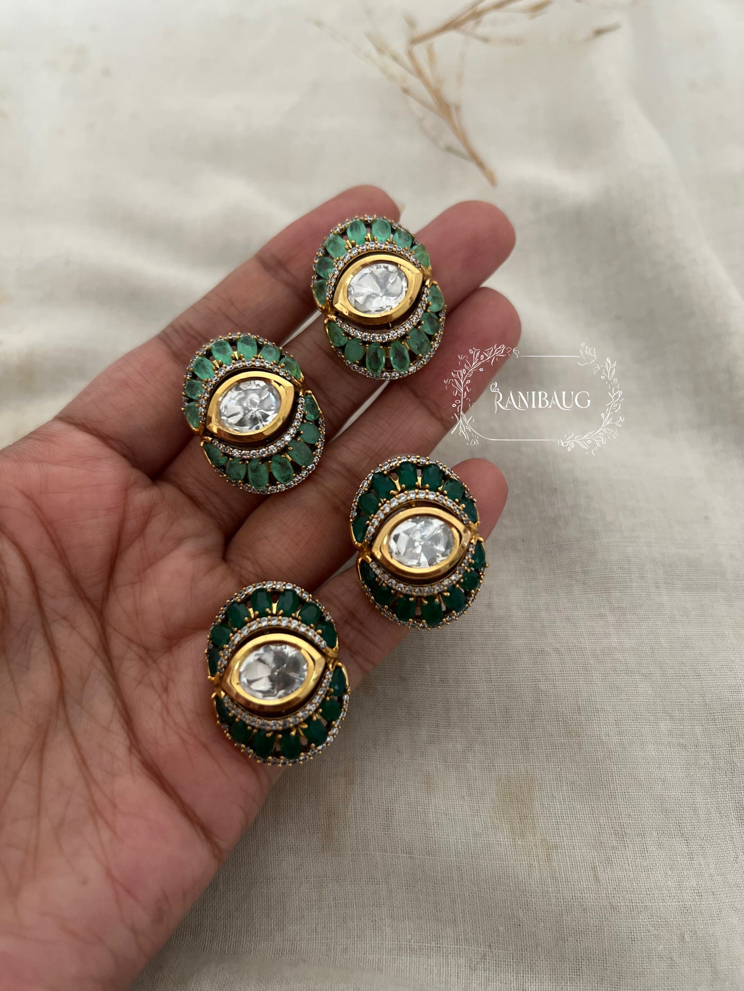 Naina Green Evil Eye Kundan Polki Stud Earrings | Gold Plated Statement Studs By Ranibaug