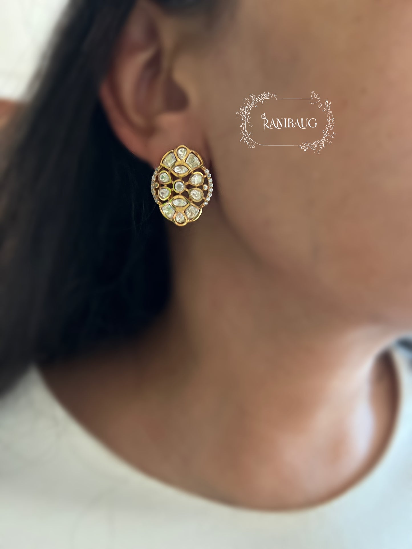 Naitika Polki Kundan Gold Finish Ear Studs By Ranibaug