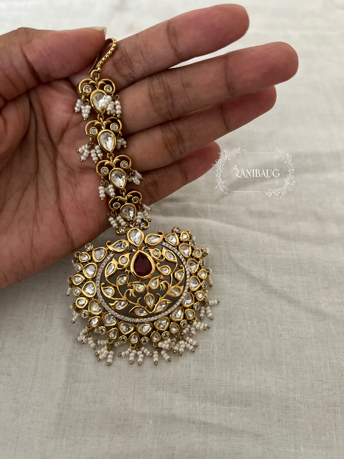 Naitika Royal Polki Kundan Beaded Gold Finish Wedding Festive Maang Tikka By Ranibaug