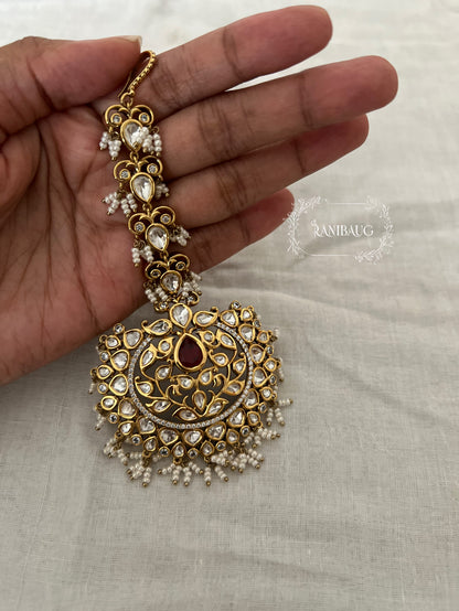 Naitika Royal Polki Kundan Beaded Gold Finish Wedding Festive Maang Tikka By Ranibaug