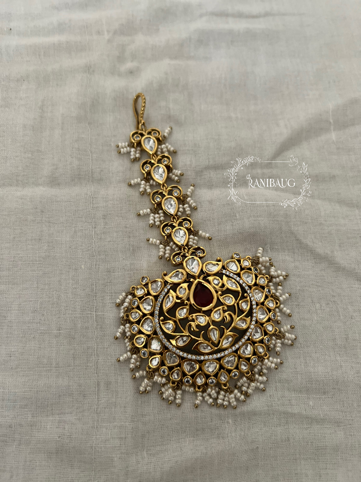 Naitika Royal Polki Kundan Beaded Gold Finish Wedding Festive Maang Tikka By Ranibaug