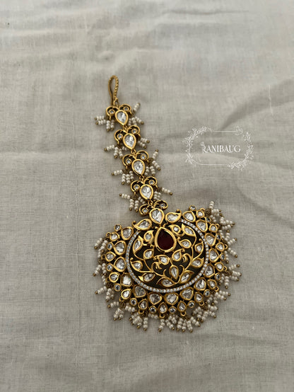 Naitika Royal Polki Kundan Beaded Gold Finish Wedding Festive Maang Tikka By Ranibaug