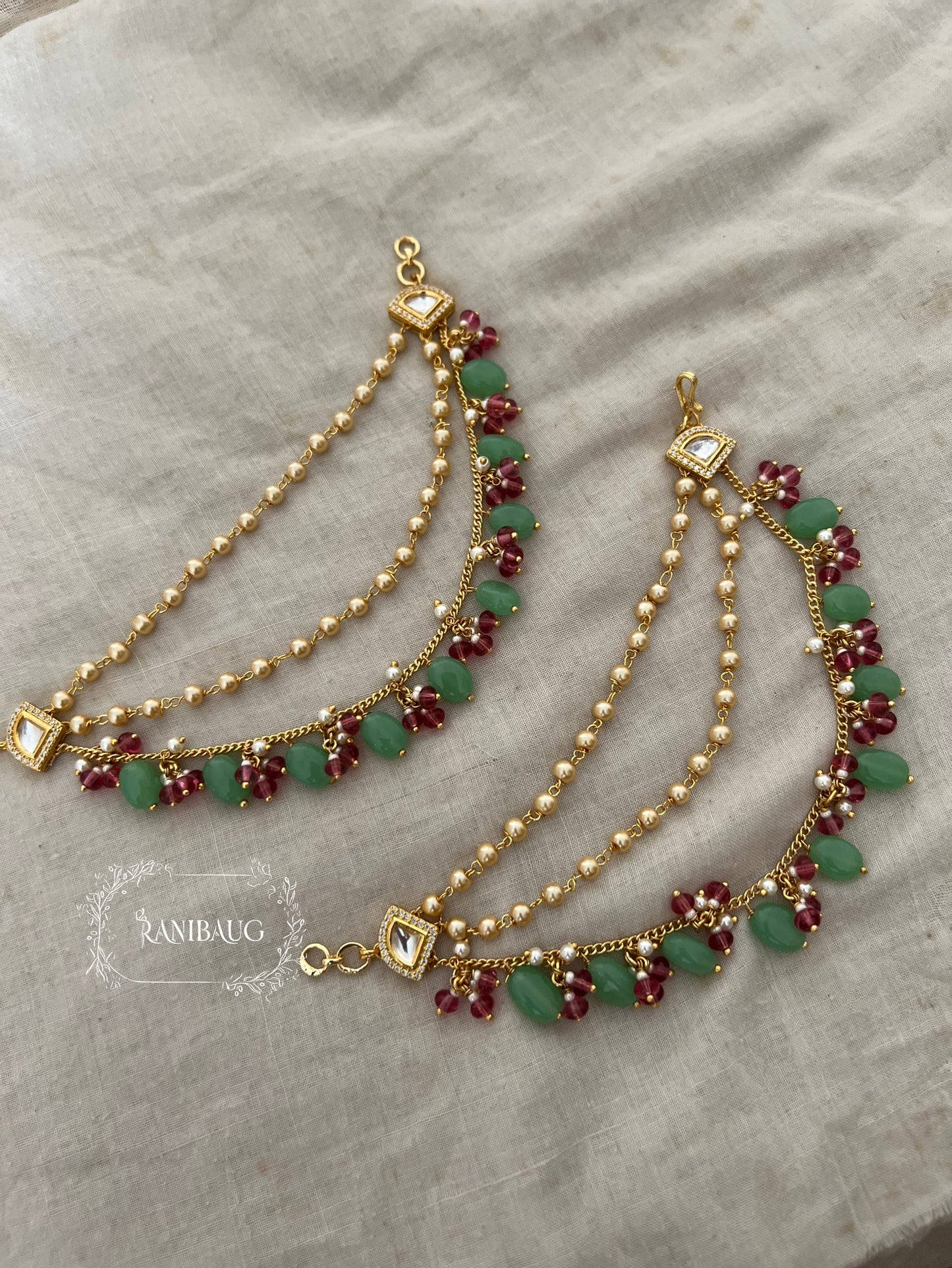 Nami Rich Gold Finish Beaded Polki Classic Hair Chain Festive Jewelry By Ranibaug