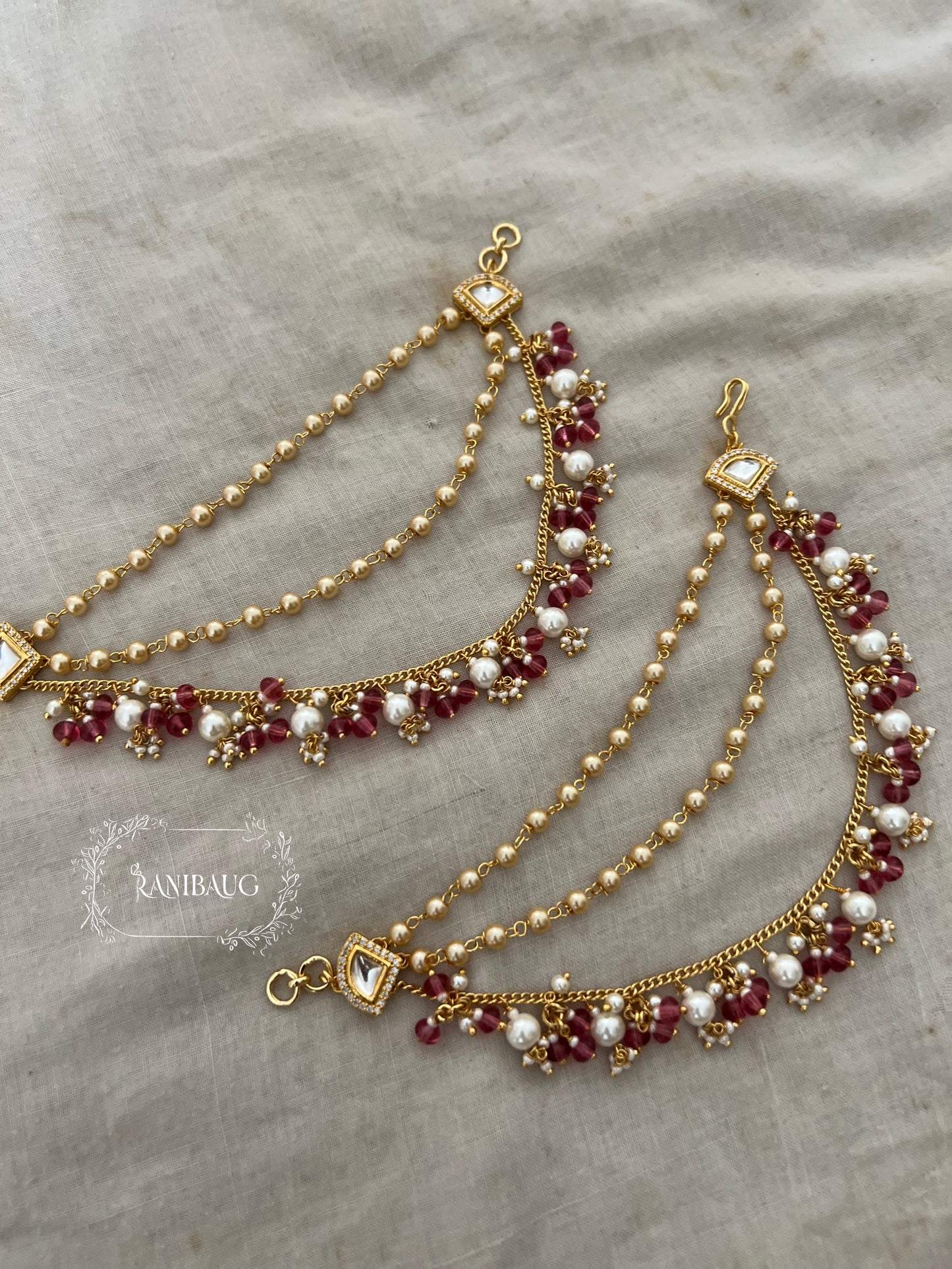 Nami Rich Gold Finish Beaded Polki Classic Hair Chain Festive Jewelry By Ranibaug