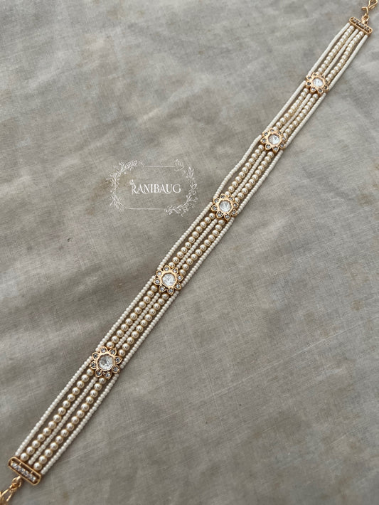 Namya Polki Floral Sheeshpatti With Layered Pearl And Bead Strands In Premium Gold Finish By Ranibaug