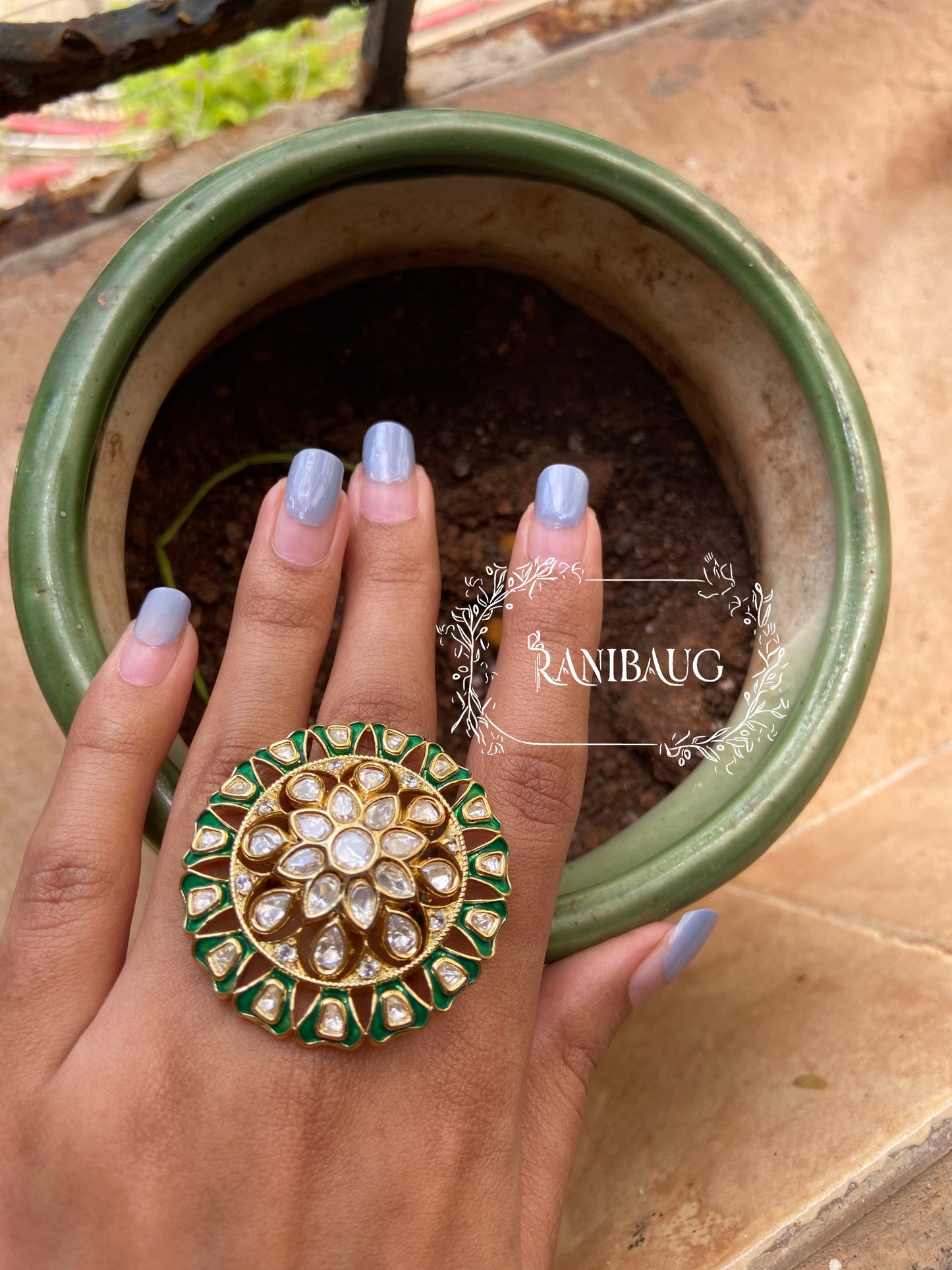 Nandini Handcrafted Polki Kundan Gold Ring Jewelry By Ranibaug