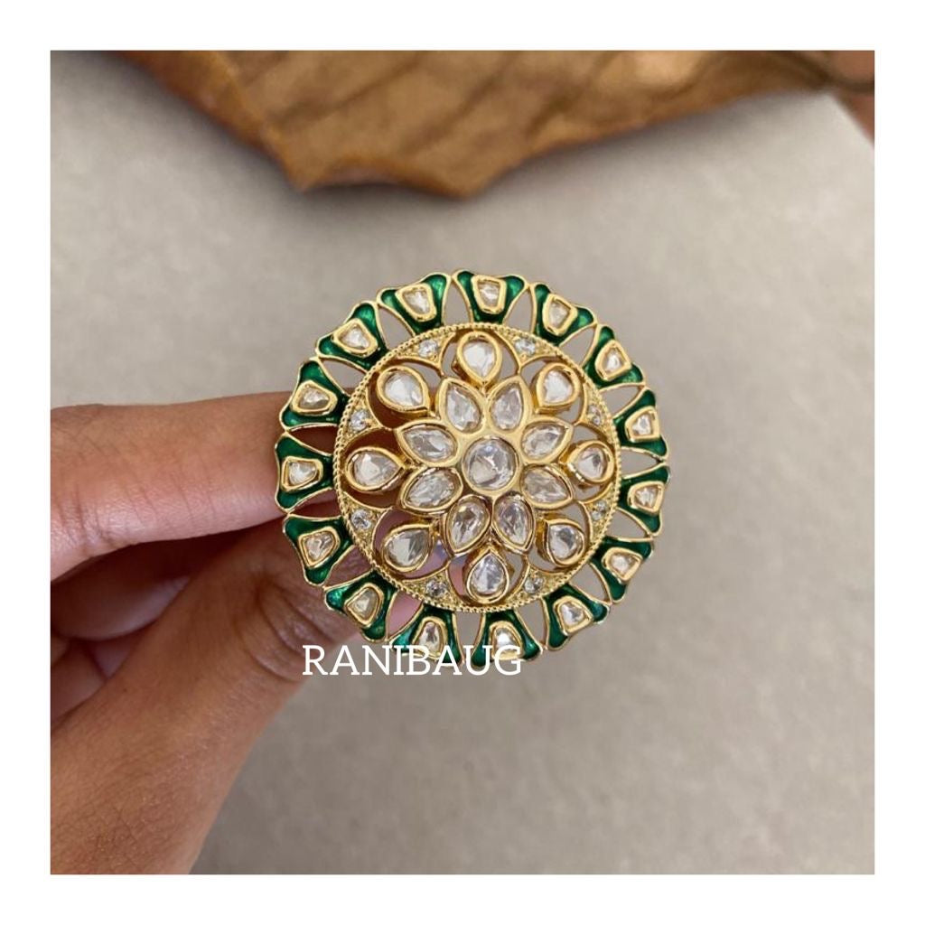 Nandini Handcrafted Polki Kundan Gold Ring Jewelry By Ranibaug