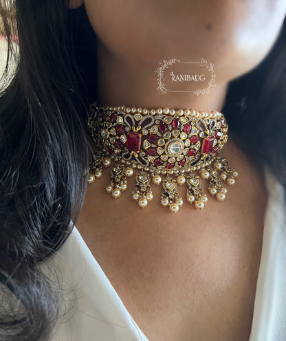 Nandini Indian Traditional Colored Gemstones Studded Choker Necklace Set By Ranibaug