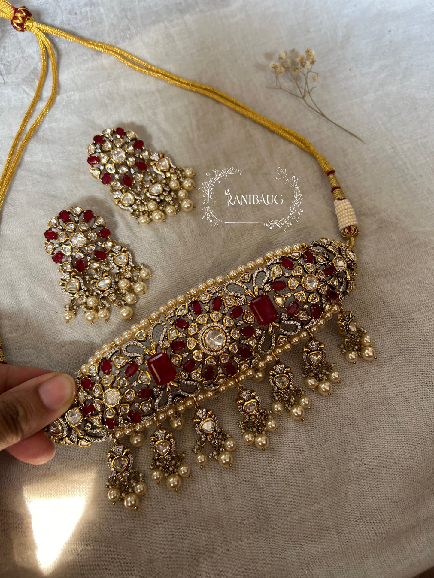 Nandini Indian Traditional Colored Gemstones Studded Choker Necklace Set By Ranibaug