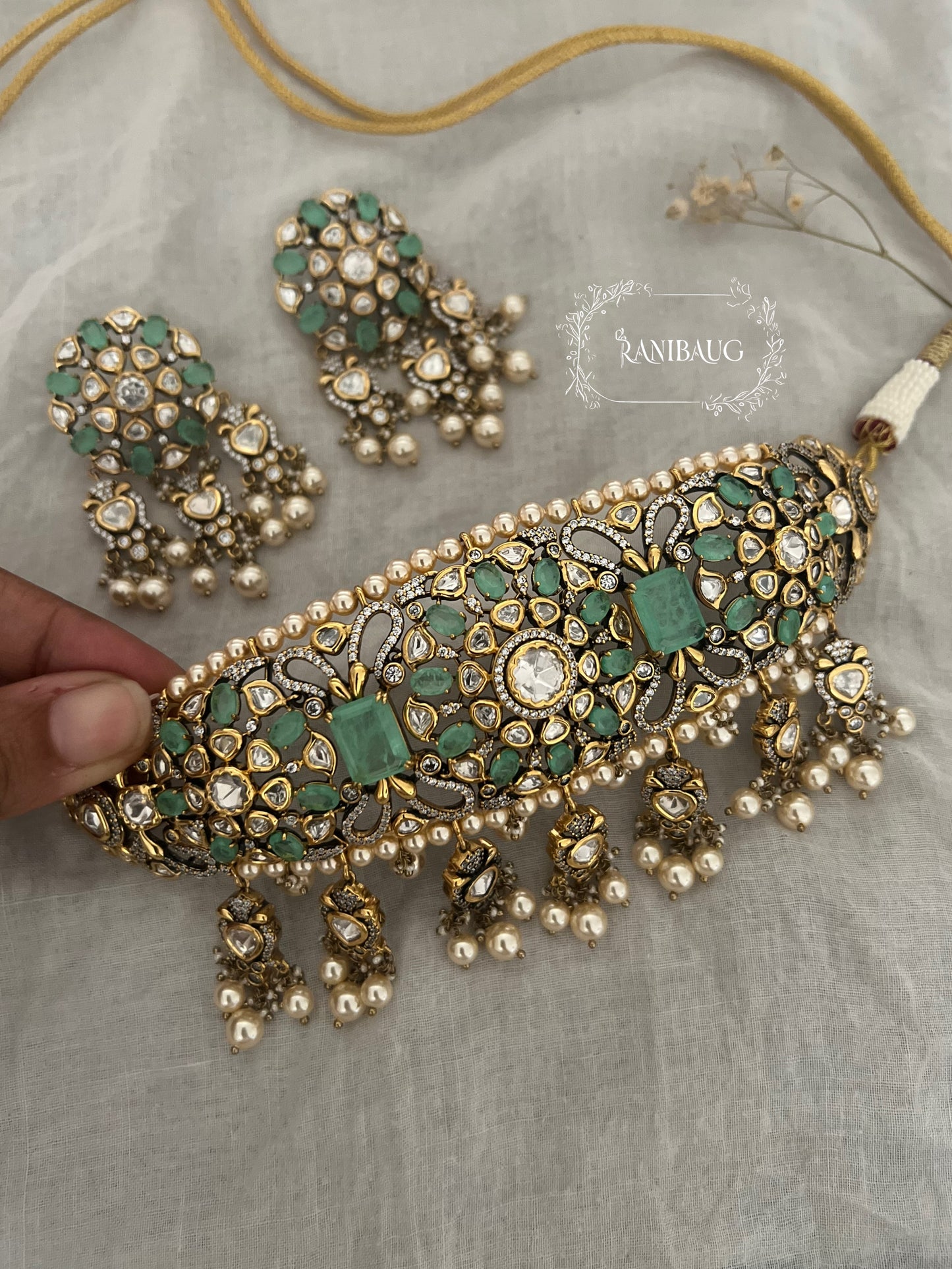 Nandini Indian Traditional Colored Gemstones Studded Choker Necklace Set By Ranibaug