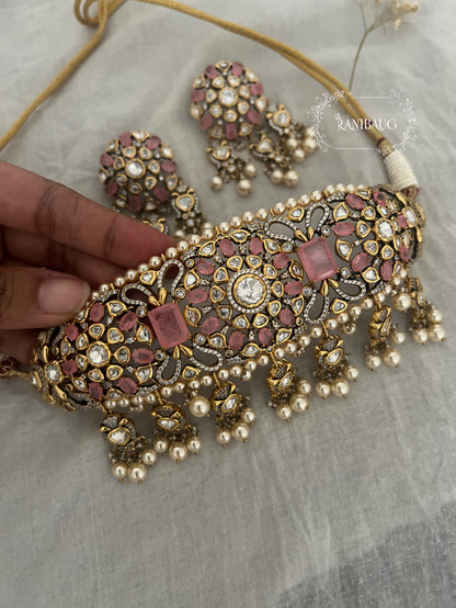 Nandini Indian Traditional Colored Gemstones Studded Choker Necklace Set By Ranibaug