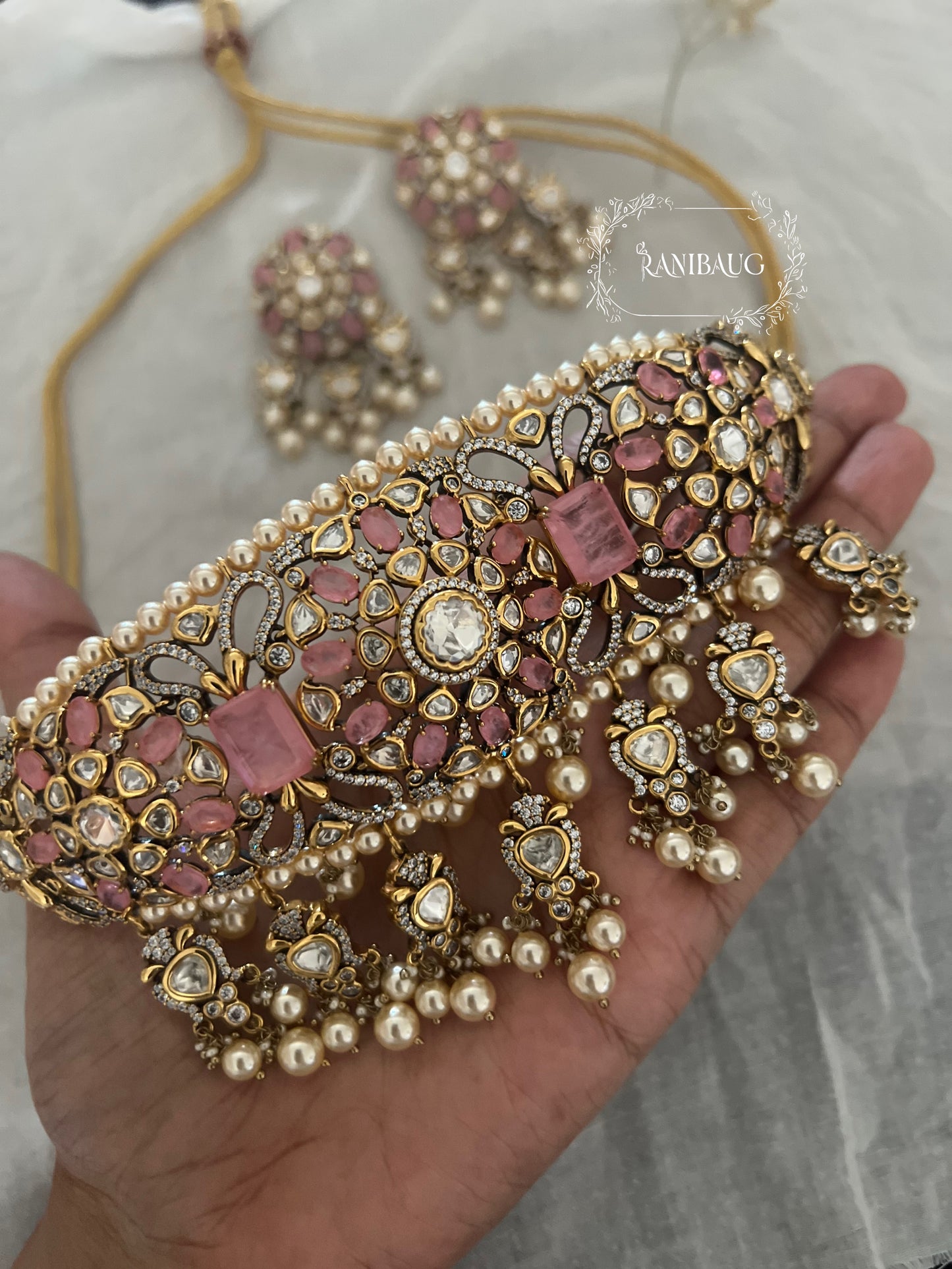 Nandini Indian Traditional Colored Gemstones Studded Choker Necklace Set By Ranibaug