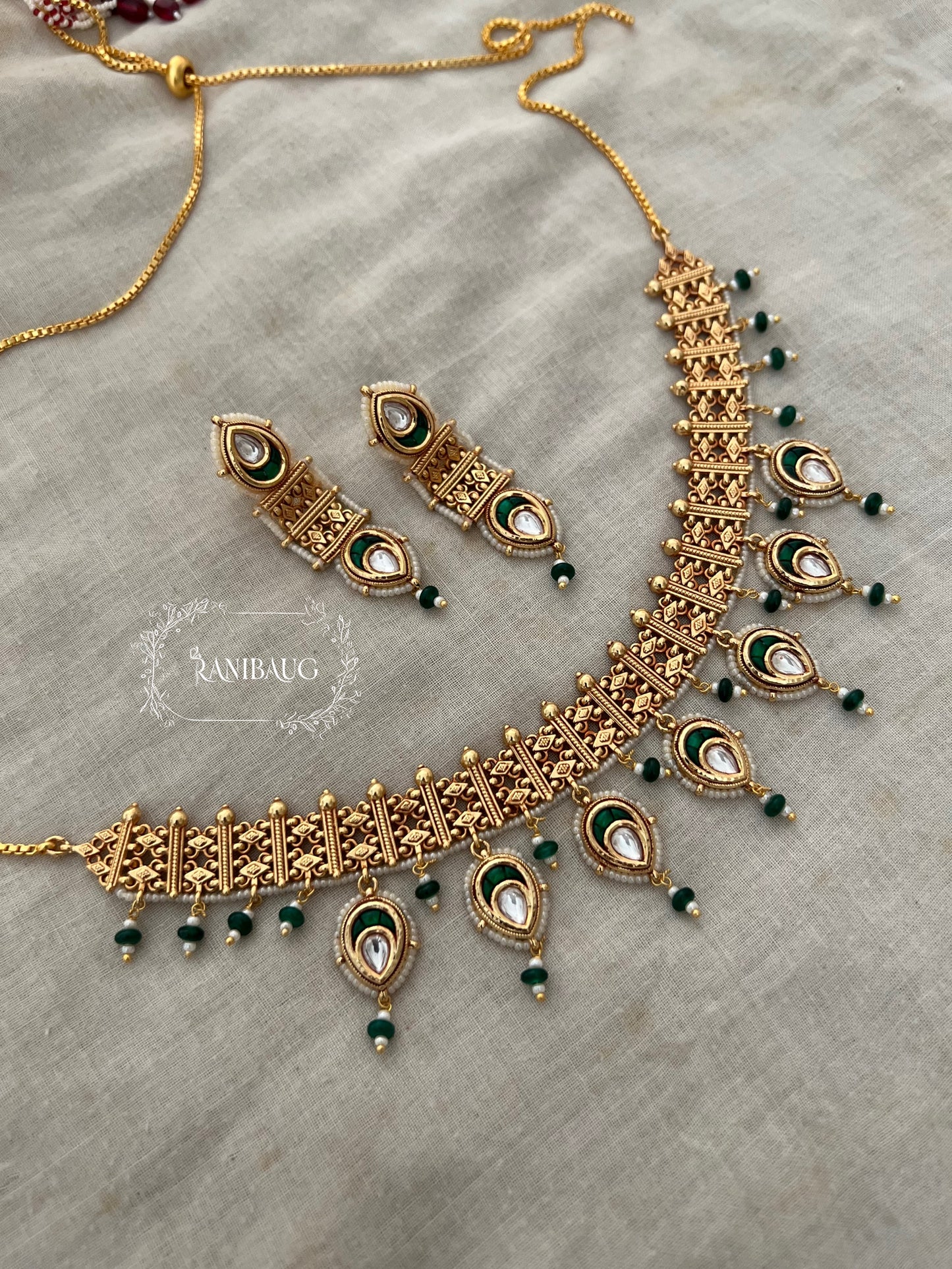 Nandini Traditional Heritage Necklace Set With Kundan Studs In Premium Gold Finish By Ranibaug | South Indian Temple Jewelry