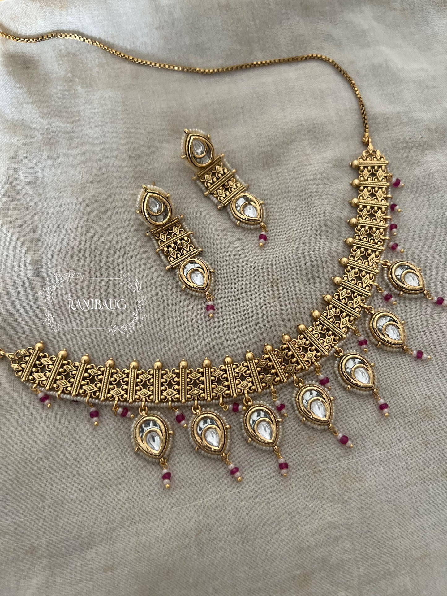 Nandini Traditional Heritage Necklace Set With Kundan Studs In Premium Gold Finish By Ranibaug | South Indian Temple Jewelry