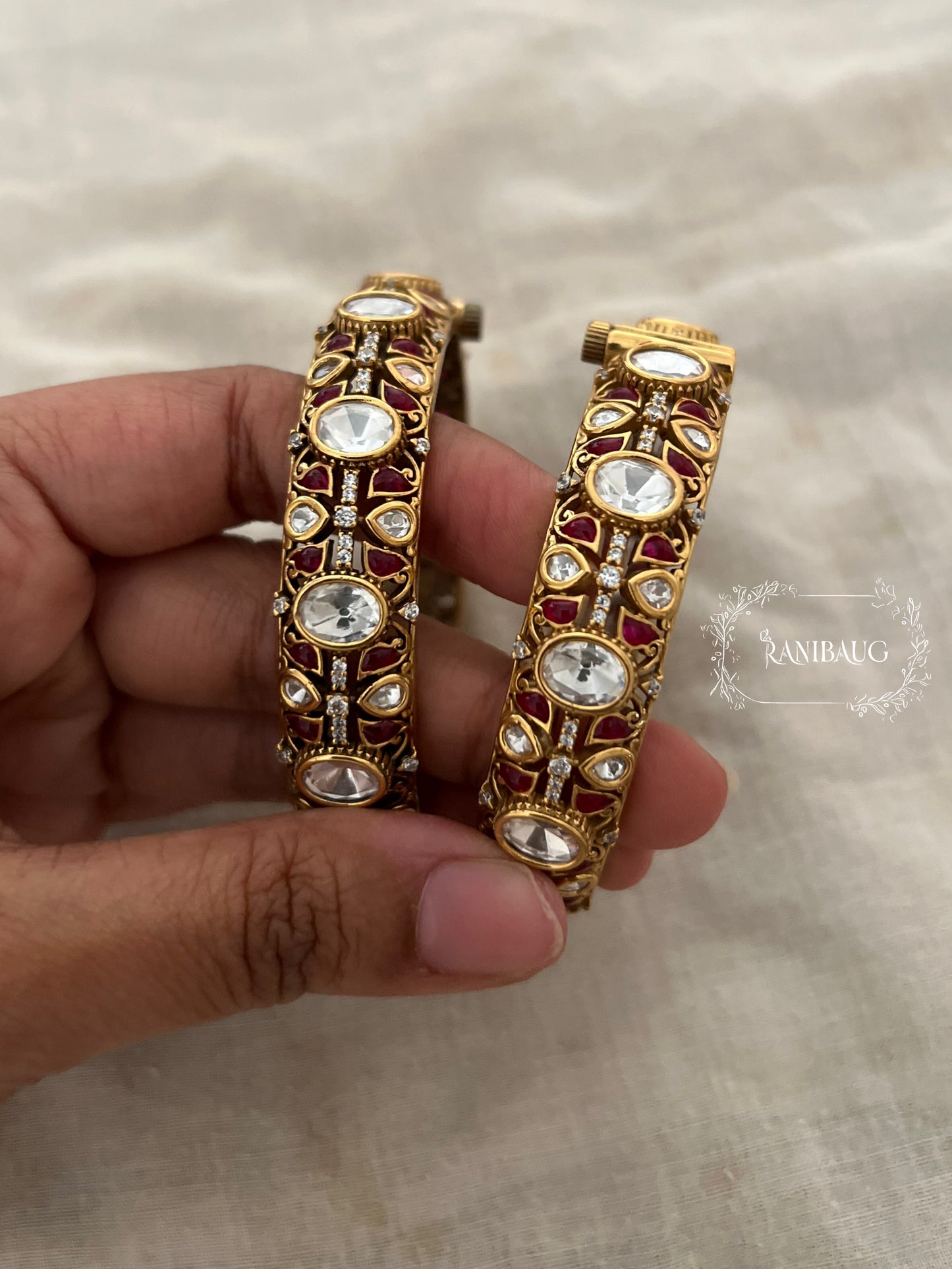 Natasha Large Kundan Polki Studded Gold Plated Indian Traditional Bangle Jewellery For Wedding By Ranibaug
