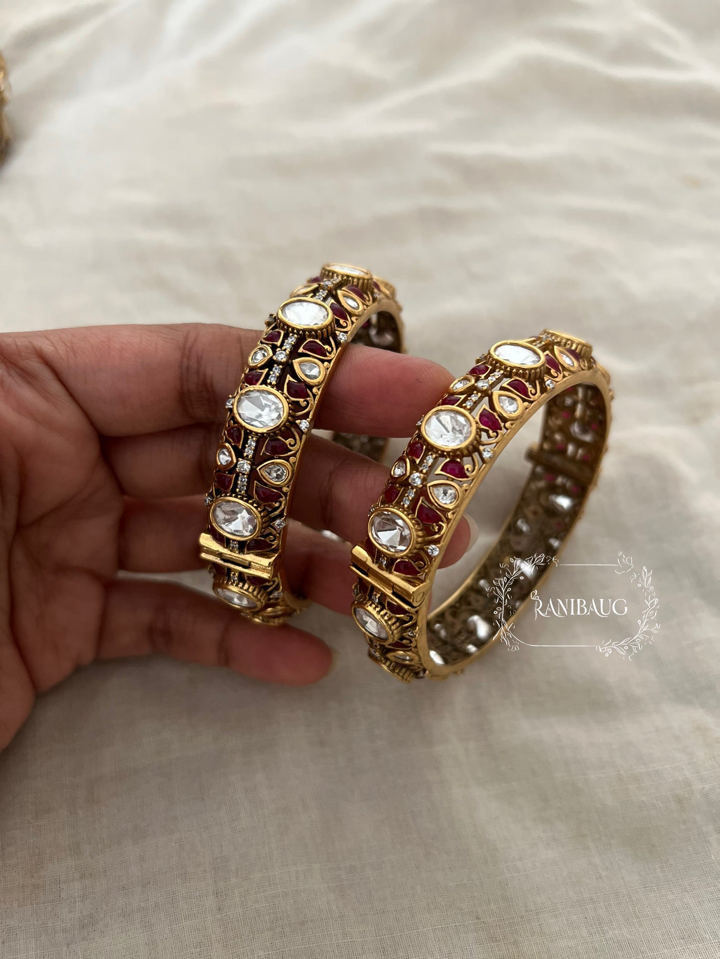 Natasha Large Kundan Polki Studded Gold Plated Indian Traditional Bangle Jewellery For Wedding By Ranibaug