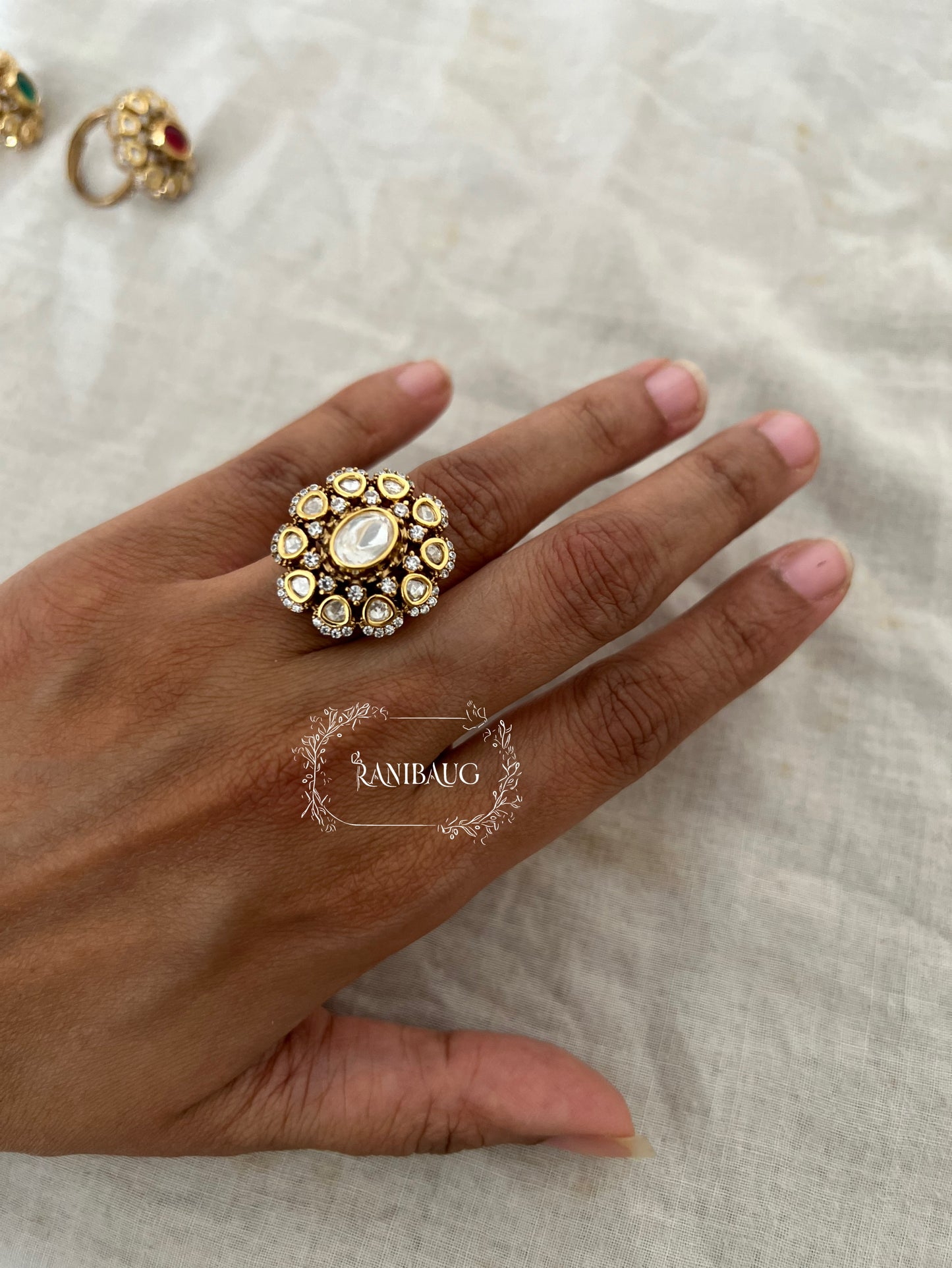 Natasha Polki Floral Gold Plated Festive Ring Jewelry With Multi Color Options By Ranibaug