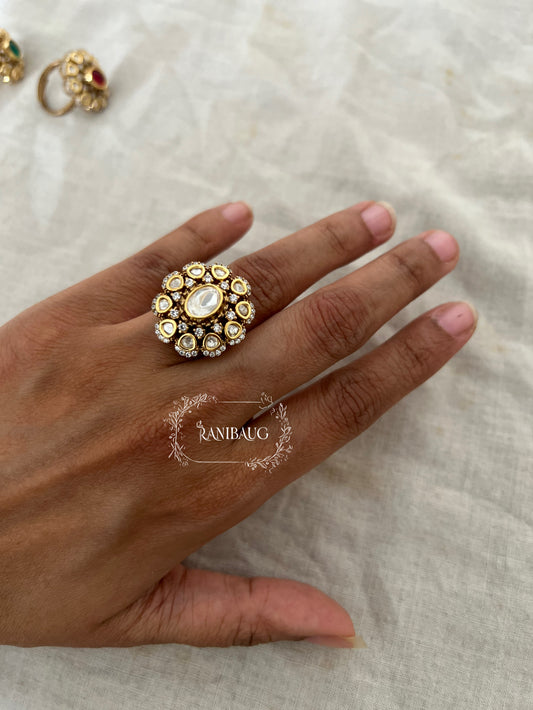 Natasha Polki Floral Gold Plated Festive Ring Jewelry With Multi Color Options By Ranibaug