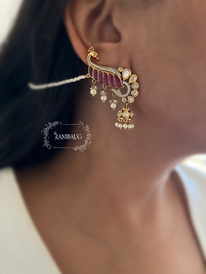 Natasha Statement Peacock Motif Gold Plated Polki Studded Earcuff Jhumki With Mini Pearl Hair Chain By Ranibaug | Designer Latest Festive Earrings Collection 2026